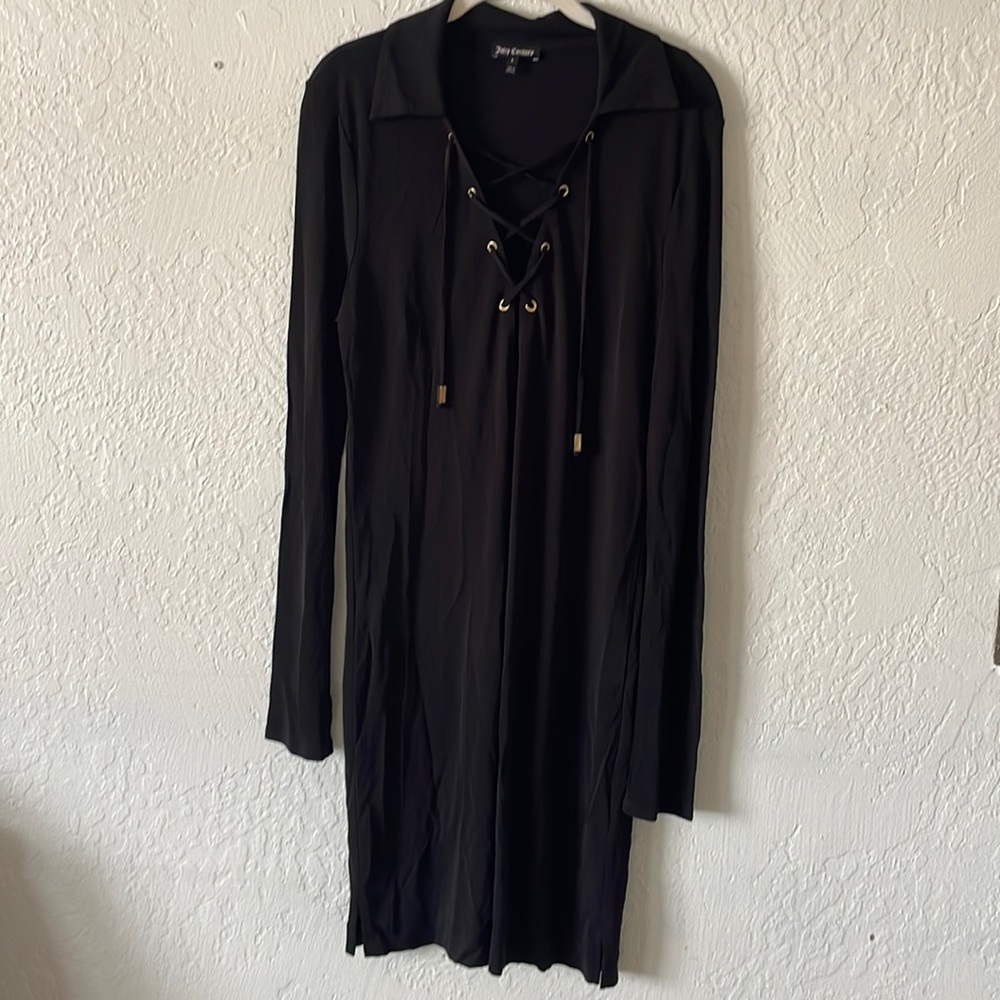 Juicy Couture Long Sleeve Dress Black Lace Up Collared V-neck Size L